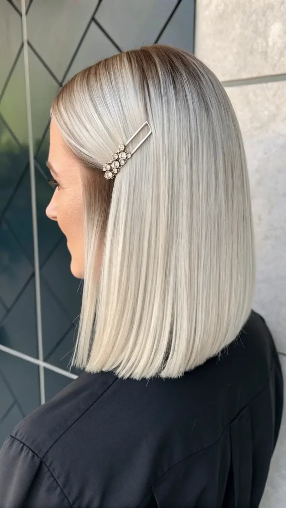 Sleek Platinum Lob with Crystal Hair Pins in the image