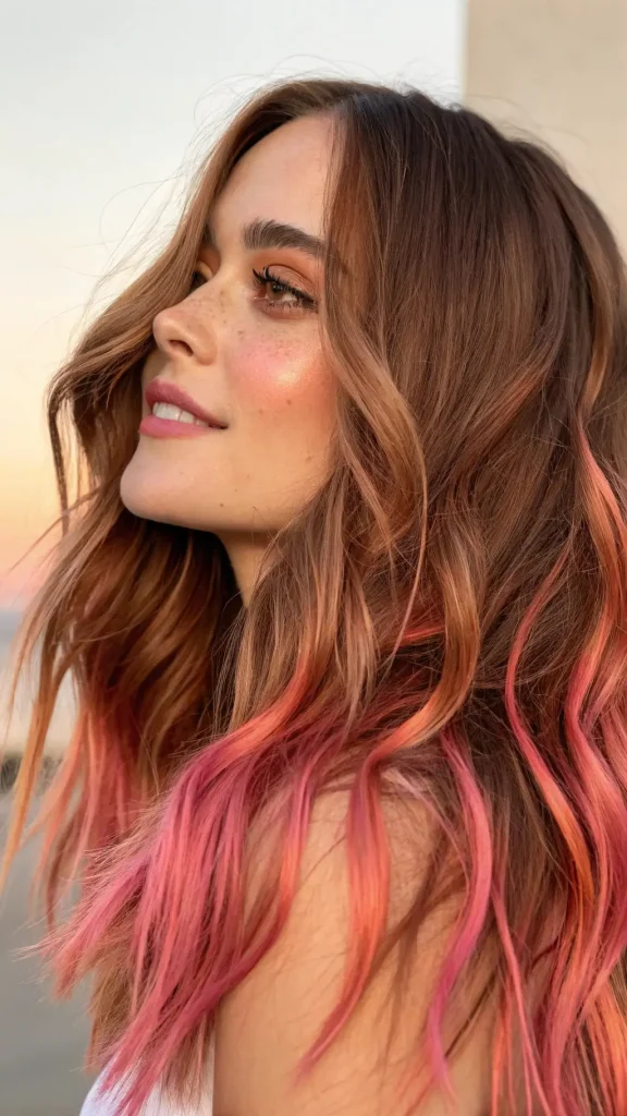 Sunset Pink Balayage Highlights in Layered Brown Hair in the image