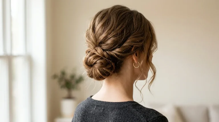 Elegant twisted low messy bun at the nape of the neck with soft face-framing pieces