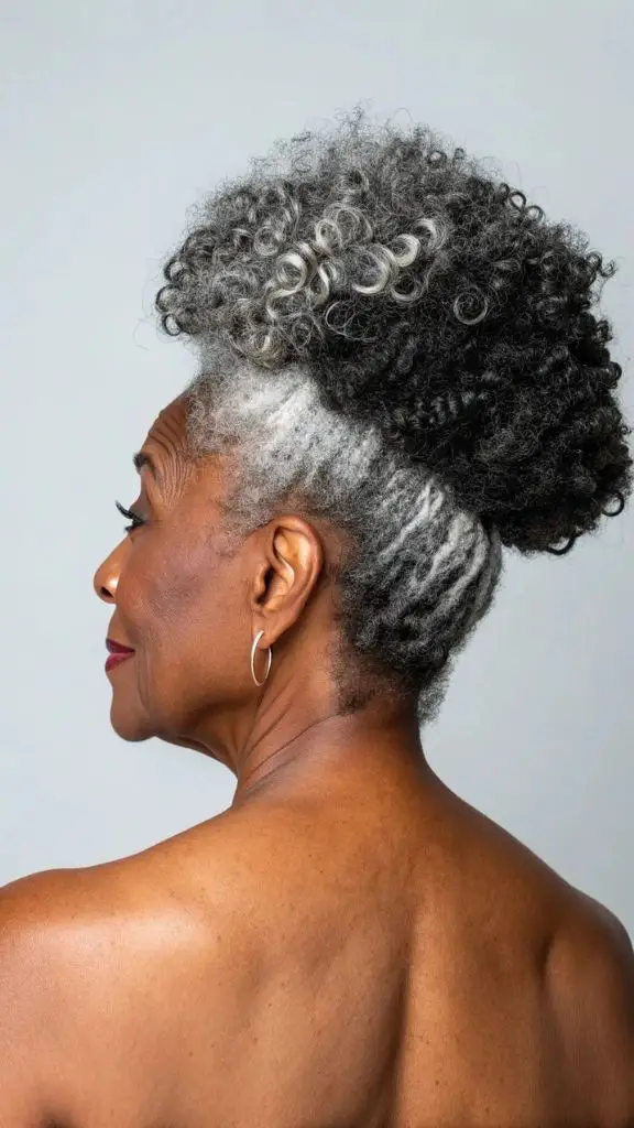 It is image on Natural Gray Curly Mohawk Updo Hairstyles for Older Black Women.