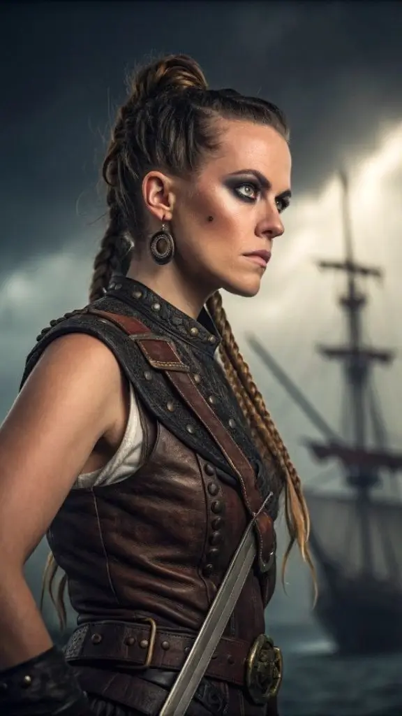 It is image on Warrior's Braid Topknot Pirate Hairstyles for Women.