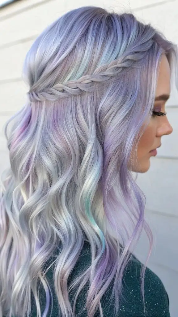 It is image on Opal Gray Hair Color Ideas with Purple and Mint Streaks.