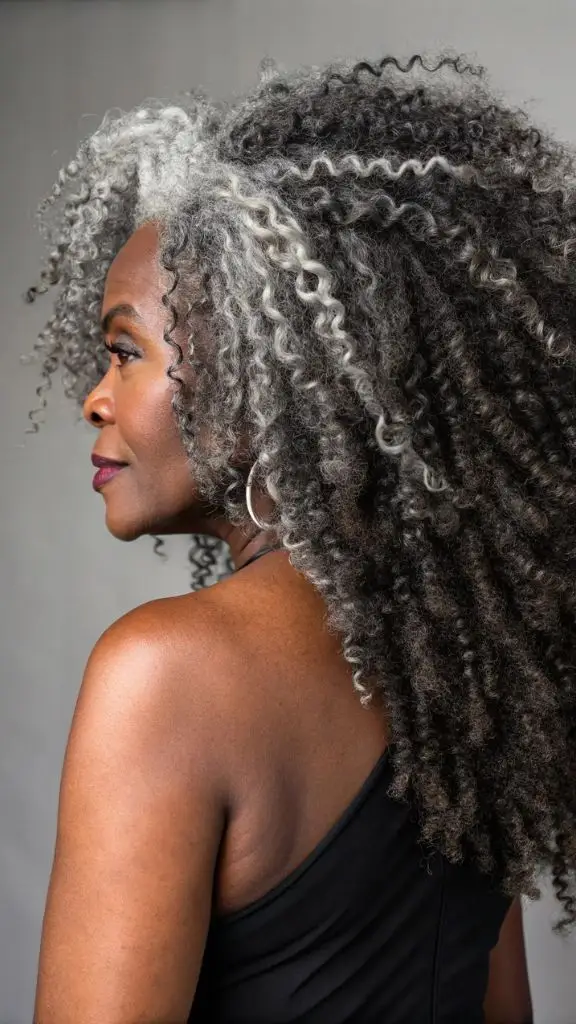 It is image on Voluminous Natural Curls with Striking Salt and Pepper Hair for Women.