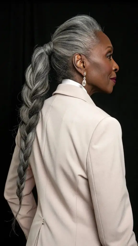 It is image on Sleek Salt and Pepper Hair for Women in Long Twisted Rope Braid..