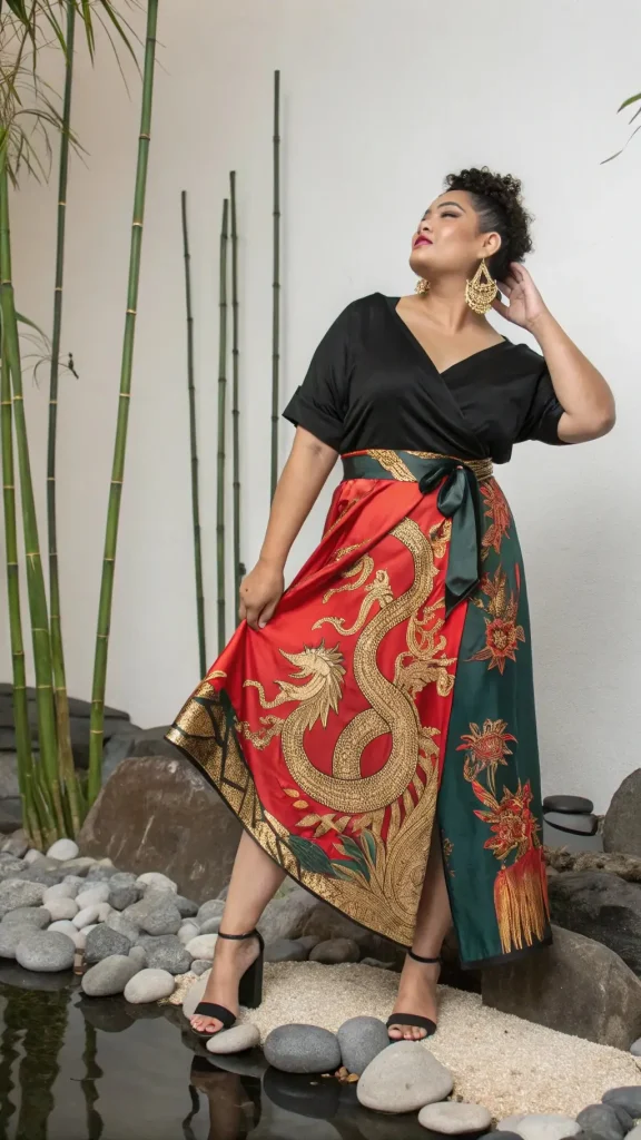 It is image on Dragon Print Wrap Midi Skirt Ideas for Plus Size Women.