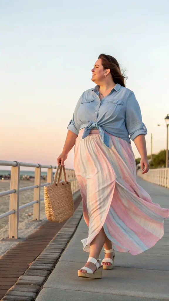 It is image on Pastel Striped Maxi Skirt Ideas for Plus Size Women.