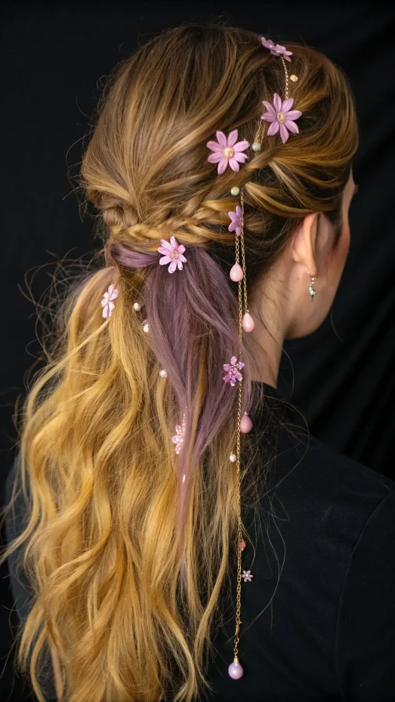 It is image on Enchanted Fairy Half-Up Braid with Floral Cascade.