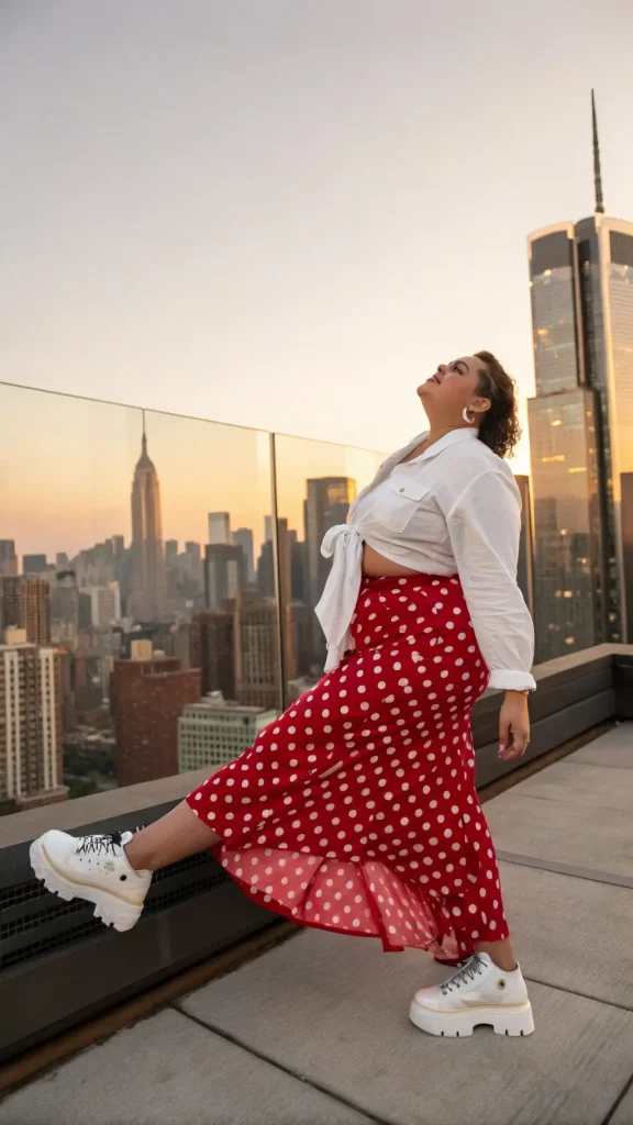 It is image on Red Polka Dot Midi Skirt Ideas for Plus Size Women.