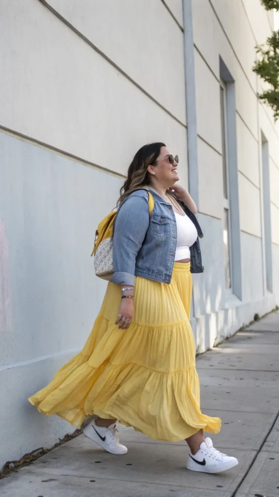 It is image on Sunshine Yellow Pleated Tiered Skirt Ideas for Plus Size Women.