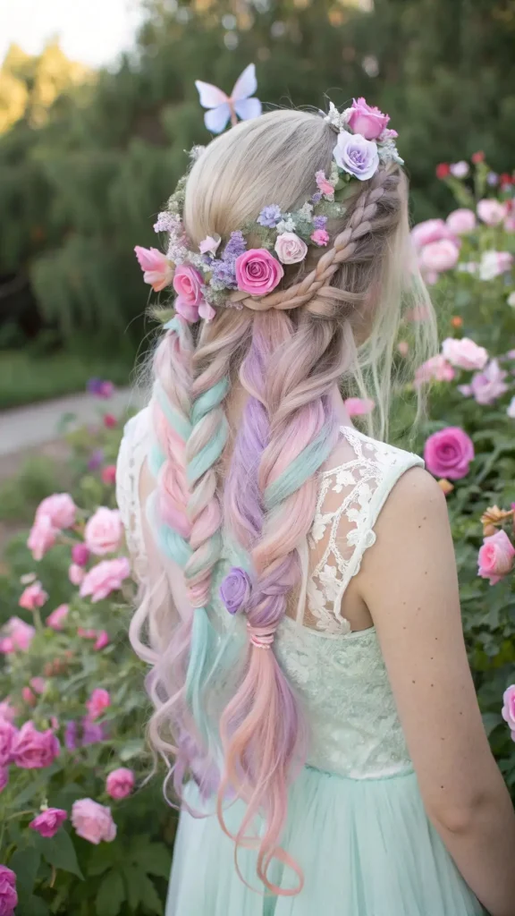 It is image on Rainbow Unicorn Flower Crown Fairy Braid with Butterfly Accent.