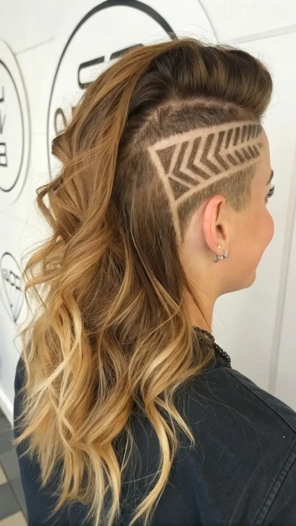 It is image on Chevron Arrow Geometric Undercut Ideas for Long Hair with Caramel Ombre.