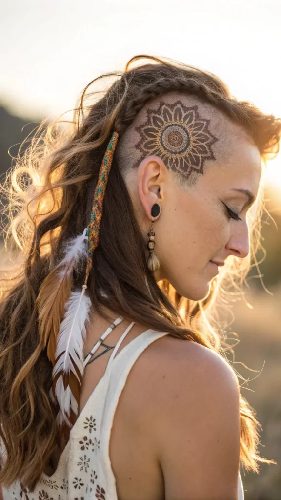 It is image on Mandala Side Undercut Ideas for Long Hair with Bohemian Waves.
