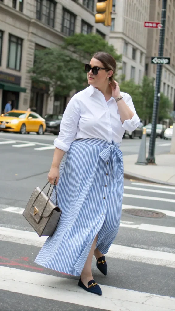It is image on Blue and White Striped Button-Front Wrap Skirt Ideas for Plus Size Women.