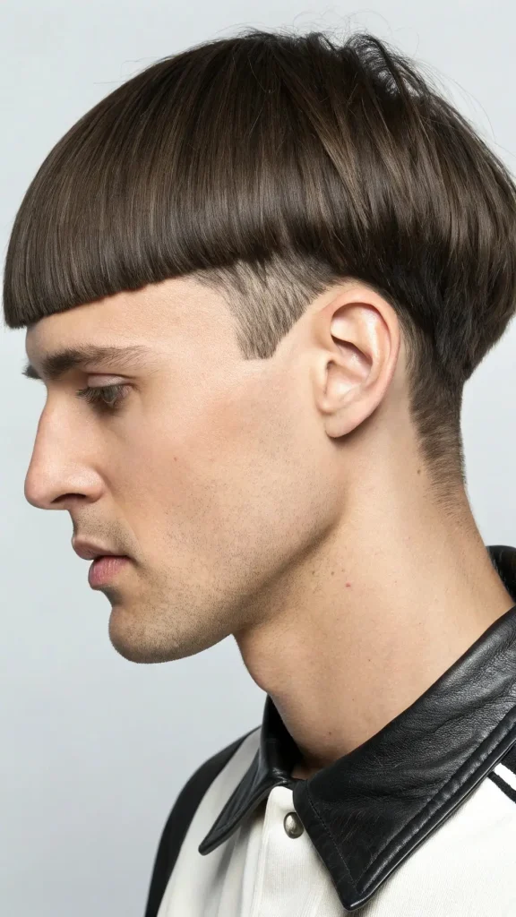 It is image on Bowl Cut Mullet Hairstyles and Haircuts for Men with Geometric Lines.