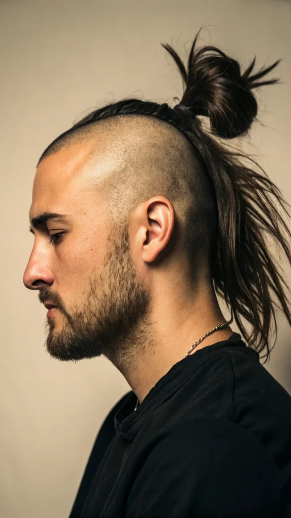 It is image on Samurai Topknot Mullet with Bald Fade.