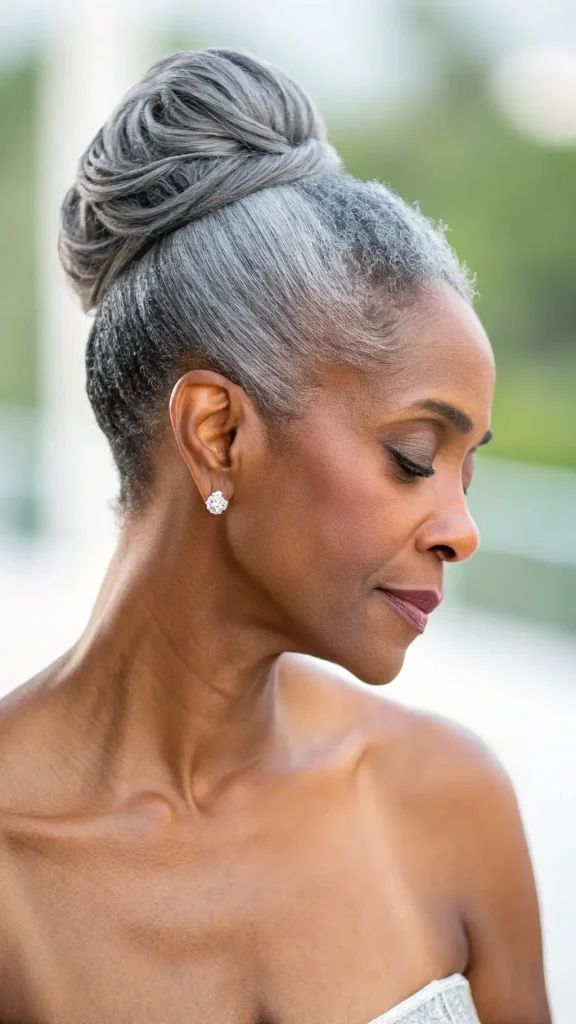 It is image on Salt and Pepper Hair for Women Updo with Twisted Crown Detail.