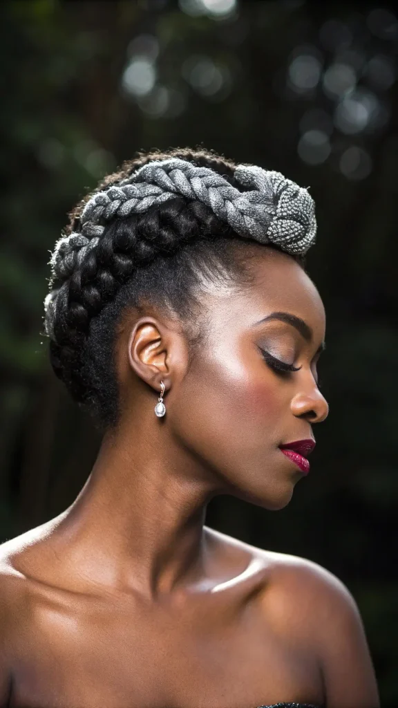 It is image on Elegant Salt and Pepper Braided Crown Updo for Women.