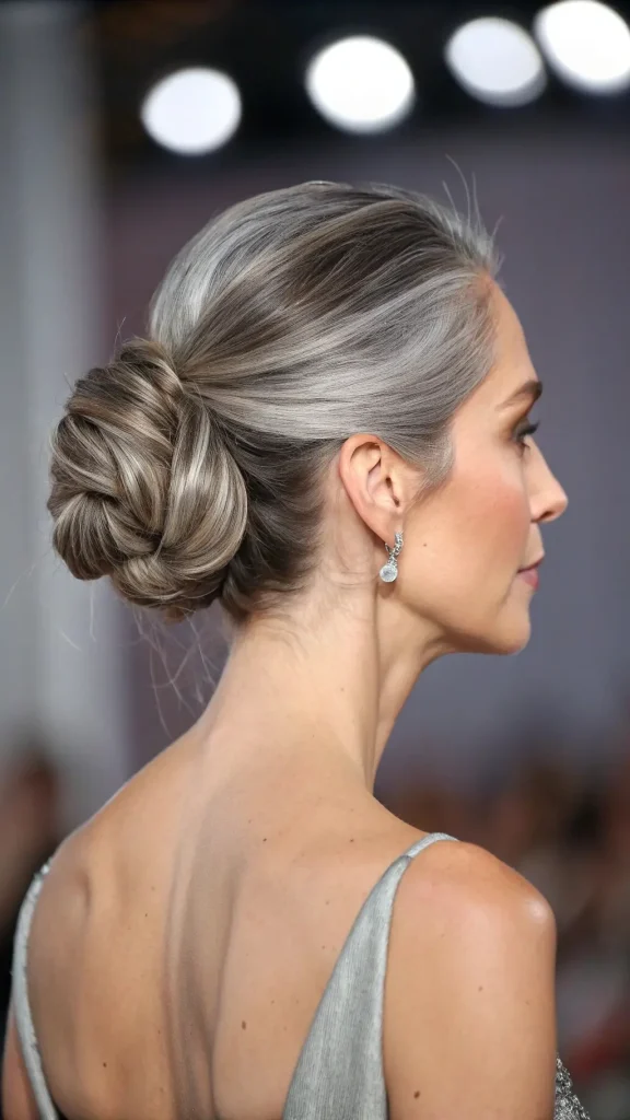 It is image on Glamorous Salt and Pepper Hair for Women Low Bun with Elegant Styling.