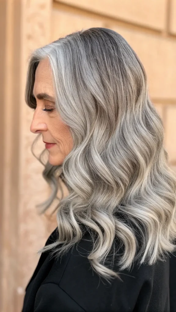 It is image on Glamorous Long Layered Waves in Salt and Pepper Tones.