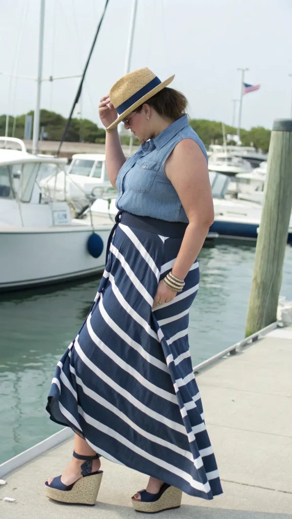 It is image on Navy and White Striped Maxi Skirt Ideas for Plus Size Women.