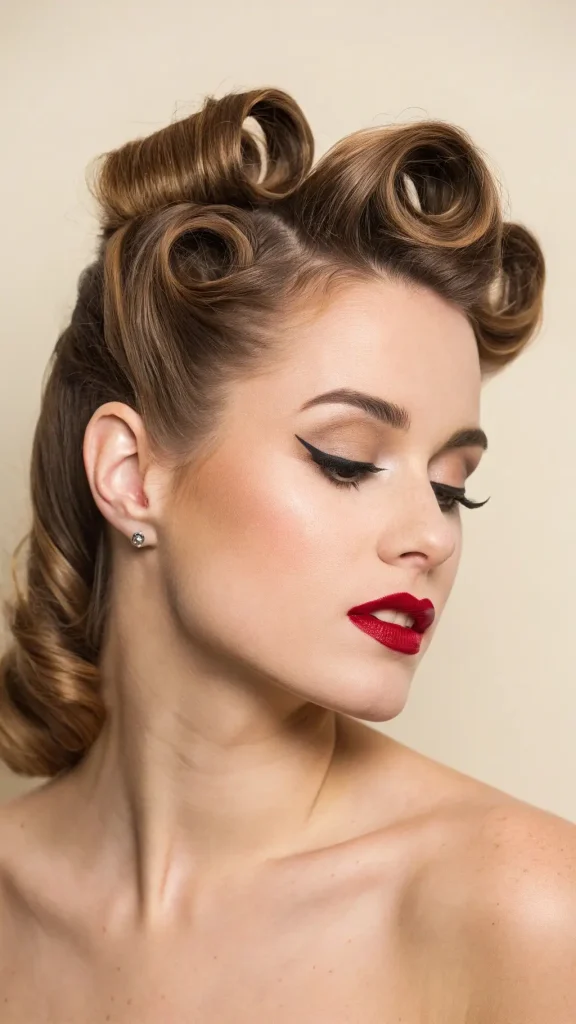 It is image on Vintage Hairstyles Pin Curl Crown with Victory Roll Elements.