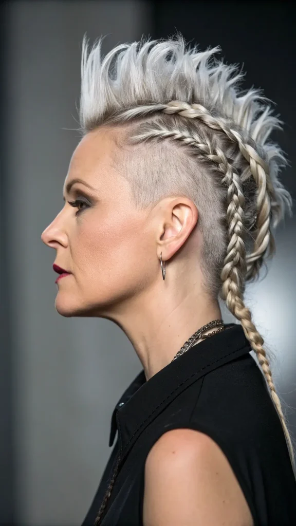 It is image on Edgy Salt and Pepper Hair for Women Mohawk Braid with Undercut.