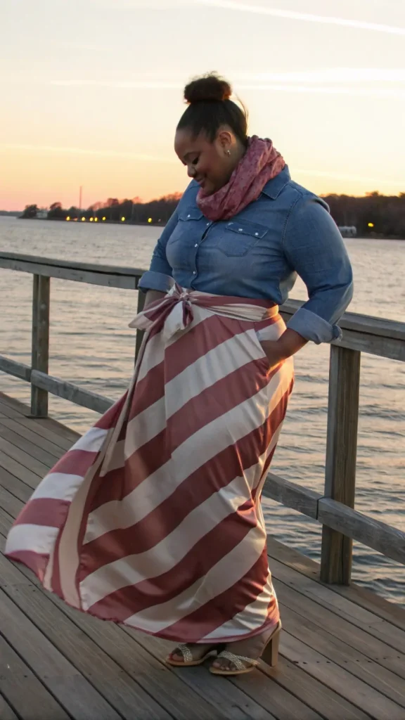 It is image on Burgundy Striped Tie Waist Maxi Skirt Ideas for Plus Size Women.