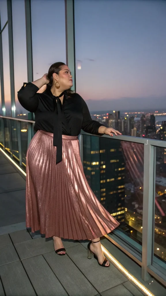 It is image on Rose Gold Metallic Pleated Skirt Ideas for Plus Size Women.