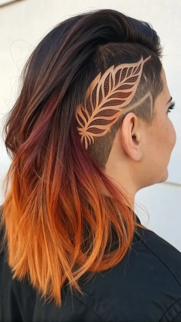 It is image on Botanical Leaf Pattern Undercut Ideas for Long Hair with Copper Ombre.