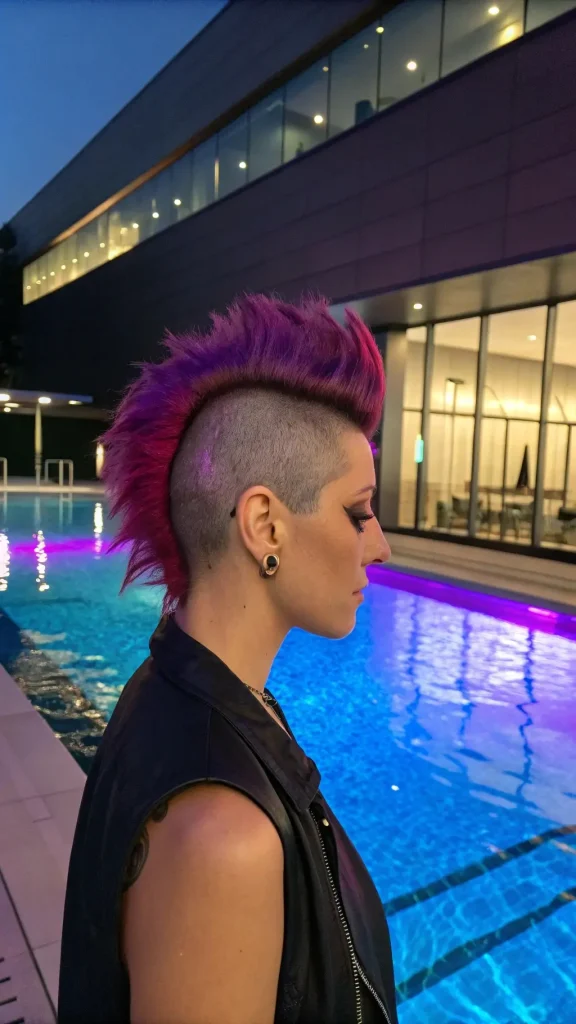 Purple Mohawk Swimming Hairstyle with Undercut in the image