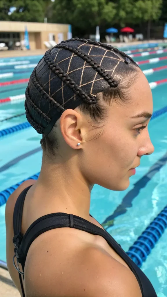 Geometric Braided Swimming Hairstyle with Diamond Pattern Design in the image