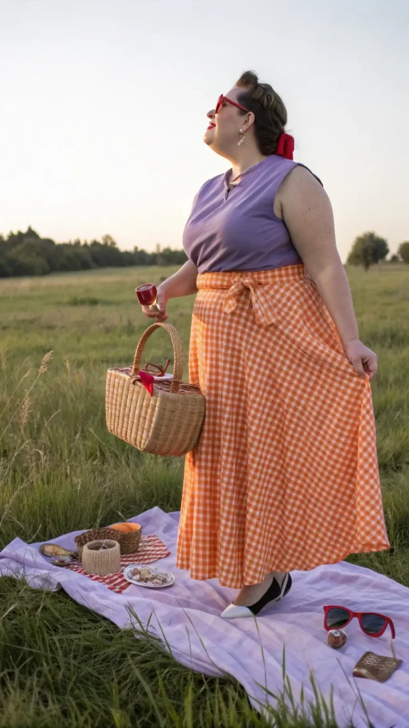 It is image on Orange Gingham Wrap Skirt Ideas for Plus Size Women.