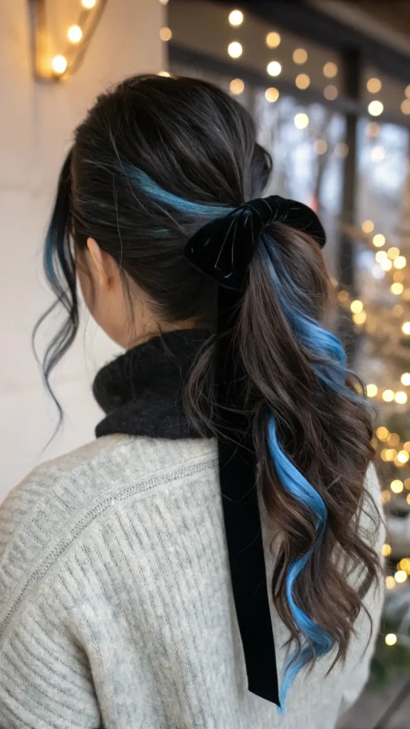 It is image on Romantic Blue Streaked Low Ponytail with Black Velvet Ribbon.