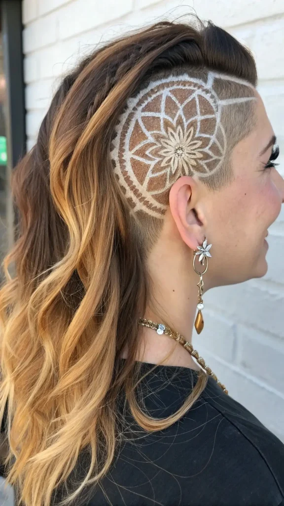 It is image on Mandala Flower Circular Undercut Ideas for Long Hair with Caramel Highlights.