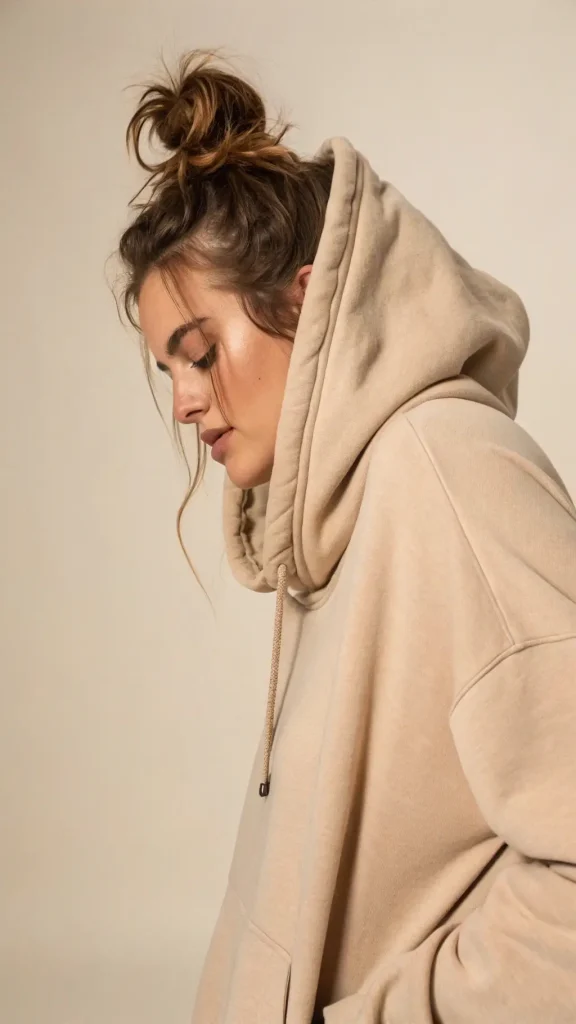 It is image on Messy Top Knot with Face Framing Layers Hoodie Look.