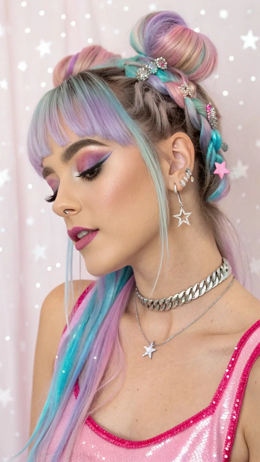 It is image on Rainbow Ribbon High Ponytail y2k Hairstyles with Face Framing Bangs.