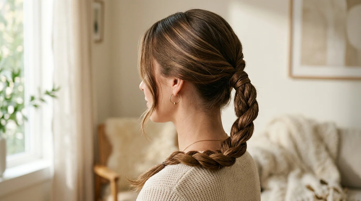 Elegant twisted rope ponytail draped over one shoulder with soft face-framing pieces