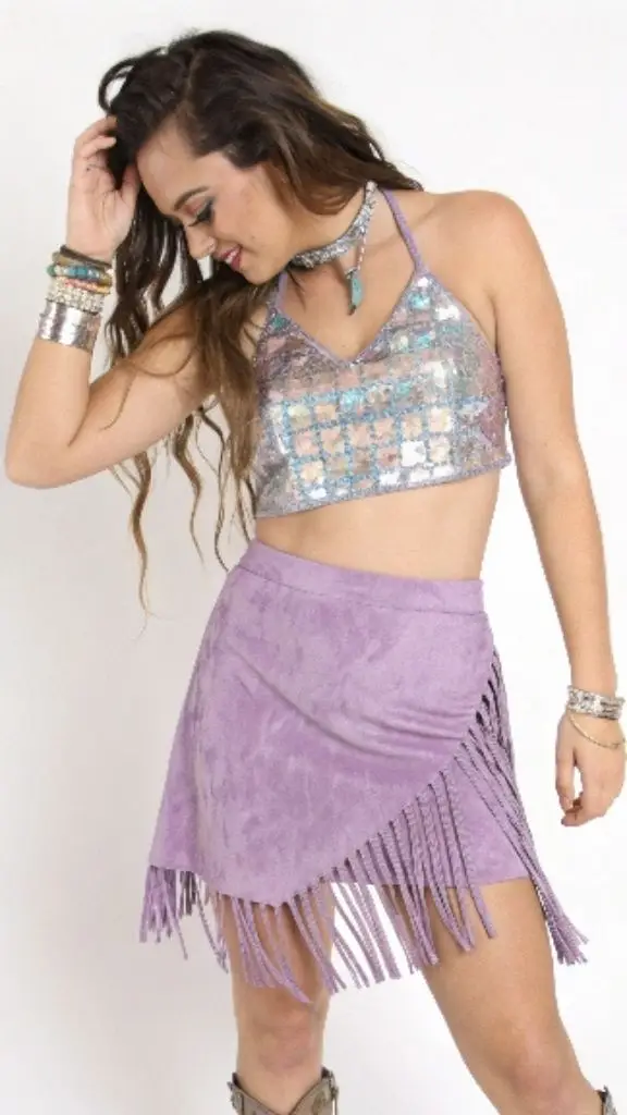 It is image on Sequin Halter Top with Fringe Mini Skirt Concert Outfit Ideas.