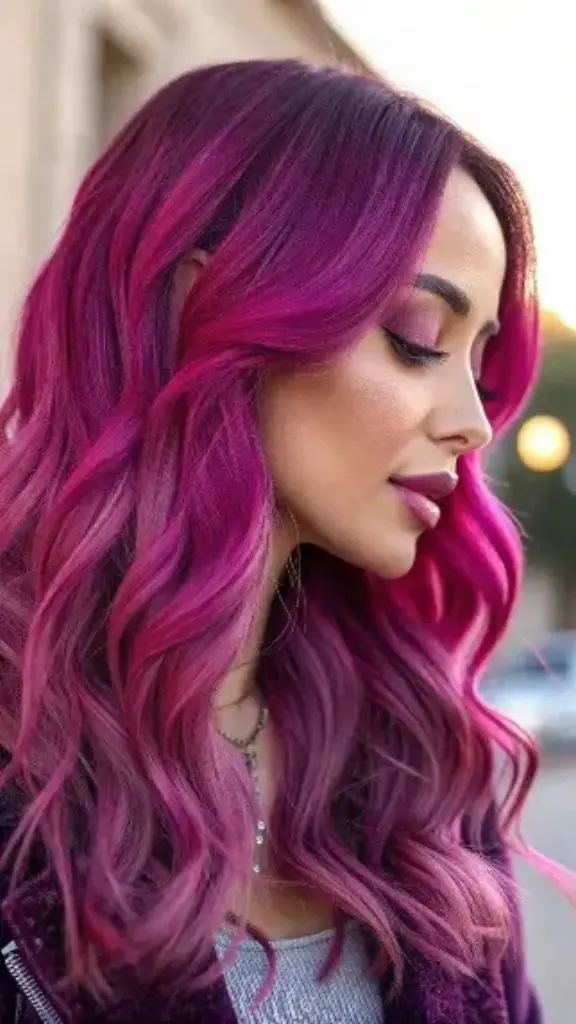 It is image on Luxurious Magenta Glow Hair with Deep Purple Roots.