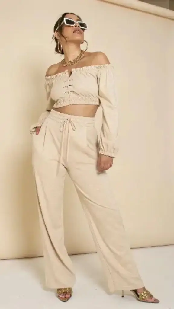 It is image on Cream Linen Off Shoulder Crop Top and Wide Leg Pants Set.