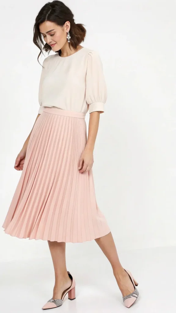 It is image on Feminine Church Puff Sleeve Top and Pleated Skirt.