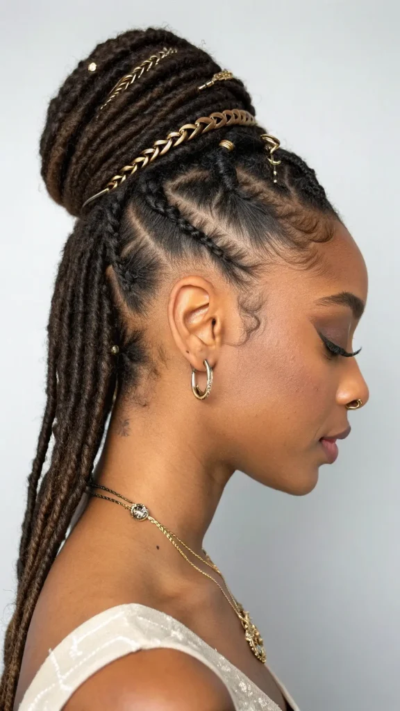 It is image on Swirl Pattern Locs with Undercut Ideas and Gold Chain Accessories.