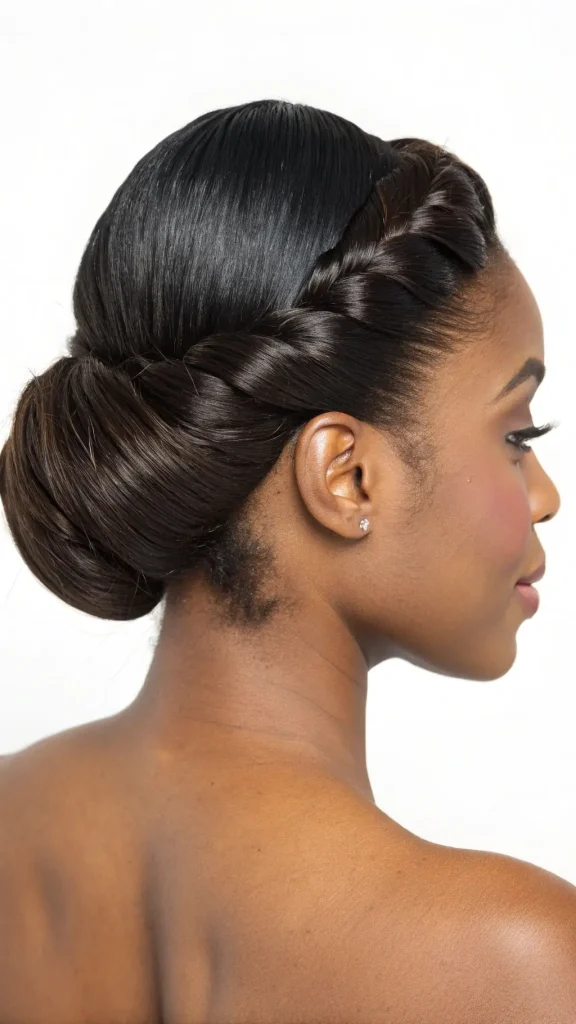 It is image on Twisted French Roll Hairstyle for Black Women with Side Braid.