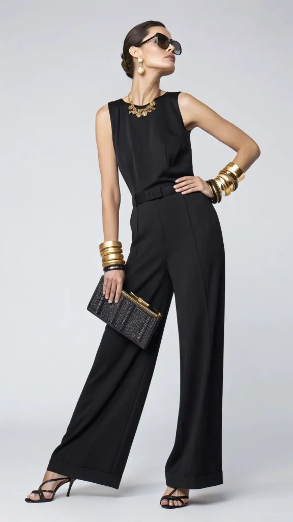 It is image on Concert Outfit Black Wide Leg Jumpsuit with Gold Accessories.