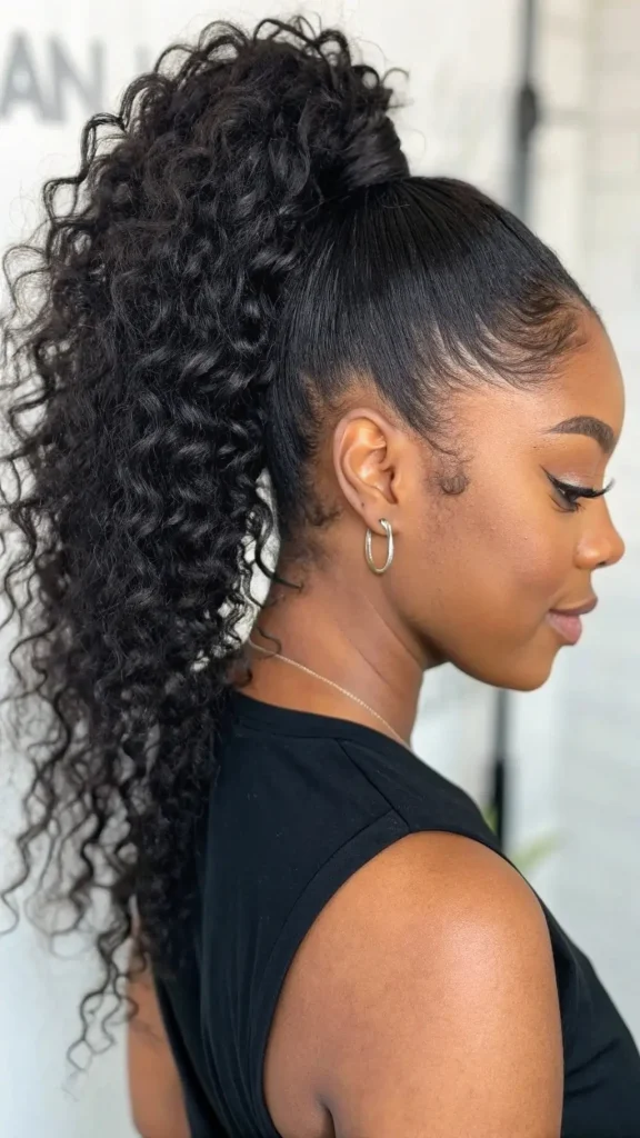 It is image on High Curly Ponytail with Sleek Edges Quick Weave.