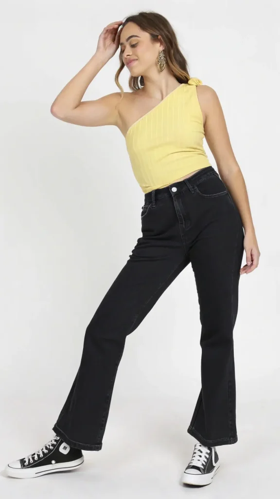 It is image on Yellow Ribbed Off Shoulder Top with Black Flare Jeans.