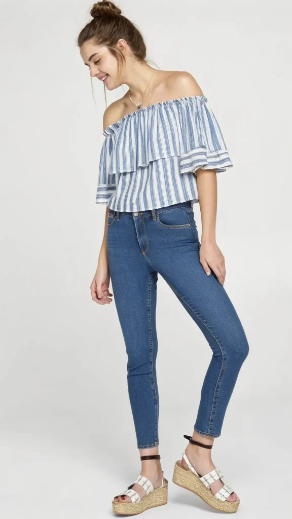 It is image on Blue Striped Tiered Off Shoulder Top with Skinny Jeans.