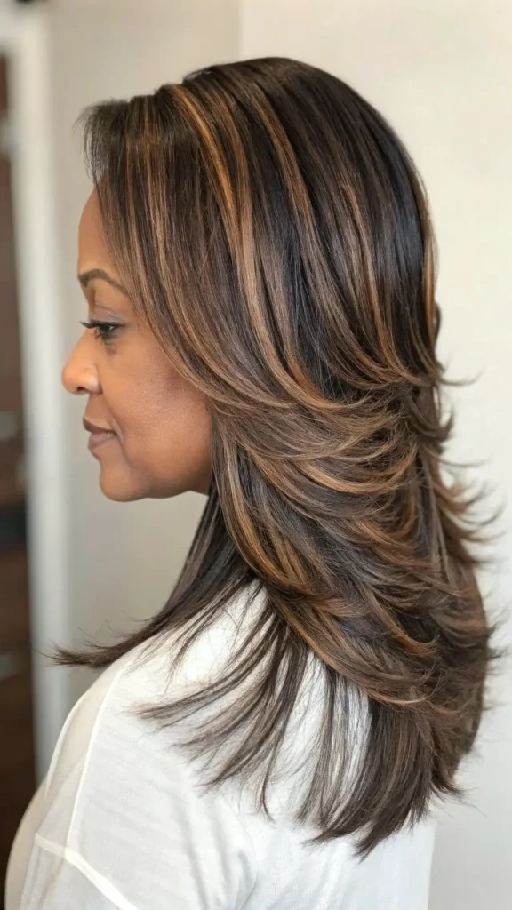 It is image on Feathered Golden Highlights Weave Hairstyles.