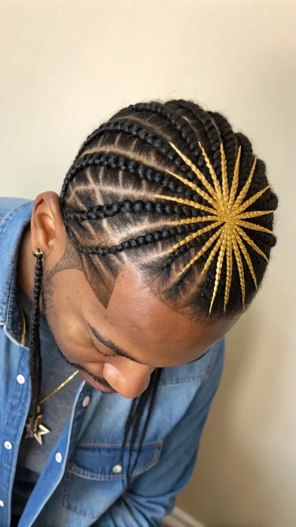 It is image on Starburst Pattern Cornrow Braids for Men.
