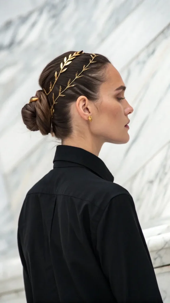 It is image on Goddess Hairstyles Artemis's Minimalist Leaf Crown.